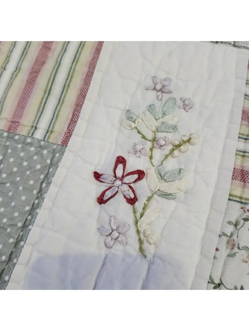 Ribbon Embroidery Cottage Patchwork Quilt Light Greens Pinks Reds Twin
